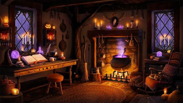 Cozy witch cottage - halloween ambience with fireplace, rain, & distant thunder for relaxation Cozy witch cottage - halloween ambience with fireplace, rain, & distant thunder for relaxation