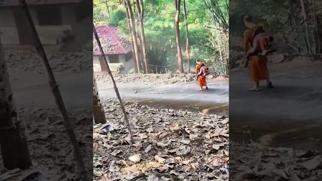 High-tech in the temple — monk uses a leaf blower! High-tech in the temple — monk uses a leaf blower!