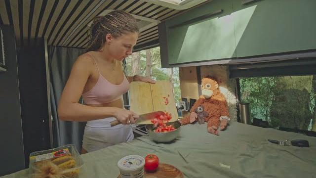Young beauty lives in a camper prepares cabbage and nuggets with her small dog vanlife Young beauty lives in a camper prepares cabbage and nuggets with her small dog vanlife