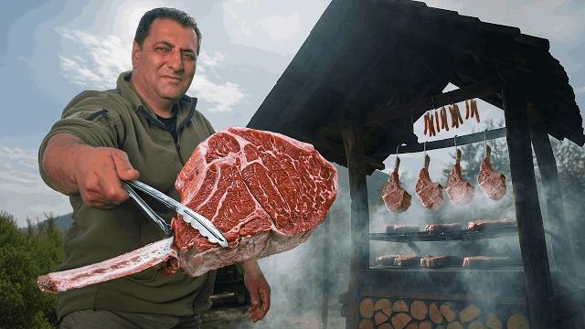 Giant tomahawk steaks grilled on massive texas bbq pit! Giant tomahawk steaks grilled on massive texas bbq pit!