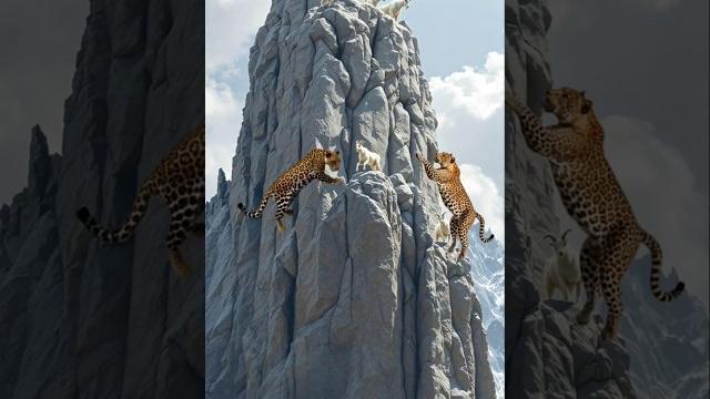 Leopards attack! but mountain goats pull off insane cliff escape 표범의 공격 #shorts #goat #leopard Leopards attack! but mountain goats pull off insane cliff escape 표범의 공격 #shorts #goat #leopard