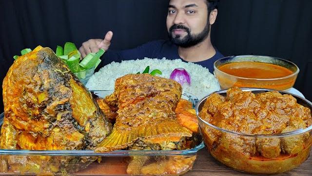 Huge spicy big fish curry, fish gravy, soya chunk curry, rice, onion, salad mukbang asmr eating show Huge spicy big fish curry, fish gravy, soya chunk curry, rice, onion, salad mukbang asmr eating show