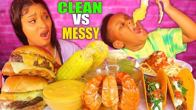 Clean vs messy mukbangers challenge (cheesy burger pasta taco & seafood mukbang) queen beast & juju Clean vs messy mukbangers challenge (cheesy burger pasta taco & seafood mukbang) queen beast & juju