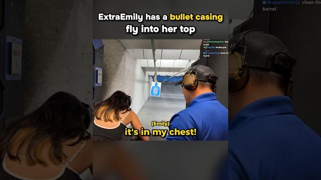 Extraemily has a bullet shell fly into her top Extraemily has a bullet shell fly into her top