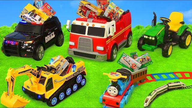 Fire truck, tractor, excavator, police & train ride on cars Fire truck, tractor, excavator, police & train ride on cars