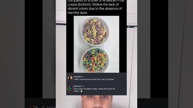 A bowl of european froot loops (top) compared to a bowl of american froot loops (bottom). A bowl of european froot loops (top) compared to a bowl of american froot loops (bottom).