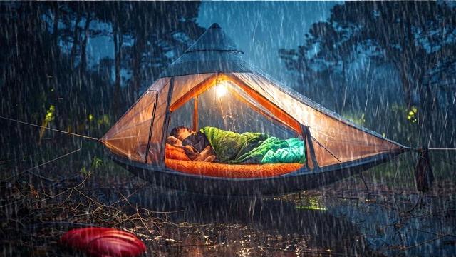 Camping in heavy rain; during lightning and thunder // relaxing camping in a rain tree tent Camping in heavy rain; during lightning and thunder // relaxing camping in a rain tree tent