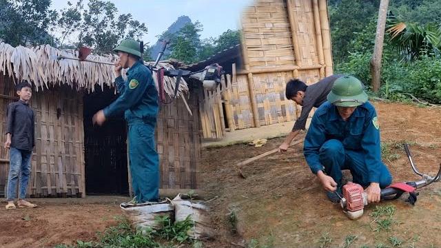 The kind policeman came and helped the orphan boy clean the weeds growing around his house. The kind policeman came and helped the orphan boy clean the weeds growing around his house.