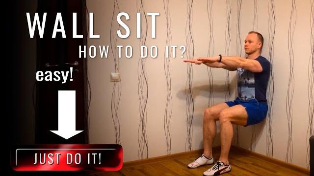 Wall sit exercise. how to do it. for training leg muscles. correct technique. what muscles work Wall sit exercise. how to do it. for training leg muscles. correct technique. what muscles work