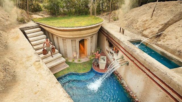 100 days building a modern underground hut with a grass roof and a swimming pool 100 days building a modern underground hut with a grass roof and a swimming pool