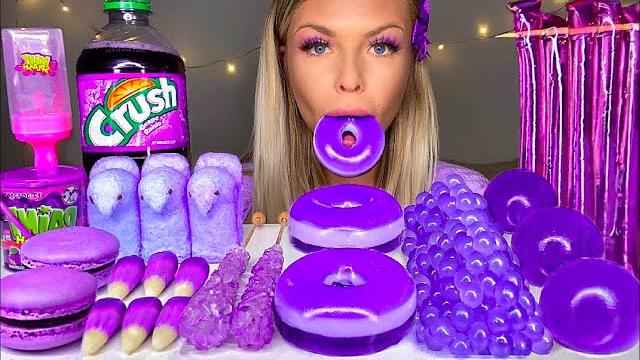 Asmr *purple food* jelly donut, peeps, candy corn, popping boba, rock candy, grape crush mukbang 먹방 Asmr *purple food* jelly donut, peeps, candy corn, popping boba, rock candy, grape crush mukbang 먹방