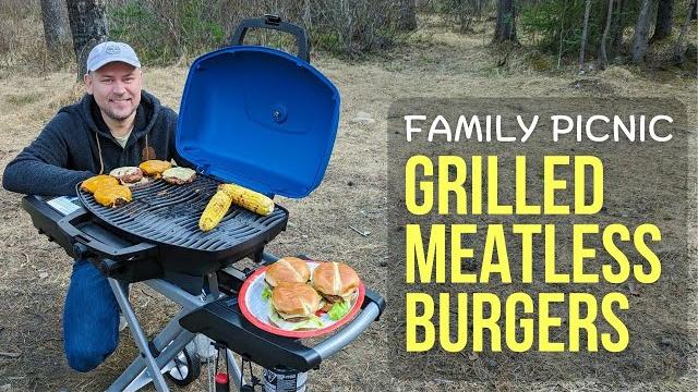 Ultimate meatless juicy burgers outdoors. let's try napoleon travel gas grill. picnic season is open Ultimate meatless juicy burgers outdoors. let's try napoleon travel gas grill. picnic season is open