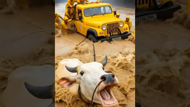 Brave calf leads the waymother cow rescued from flood with love and courage.#animalrescue Brave calf leads the waymother cow rescued from flood with love and courage.#animalrescue