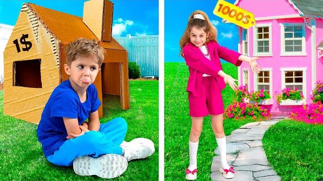 Eva build and decorate cardboard playhouses with friends Eva build and decorate cardboard playhouses with friends