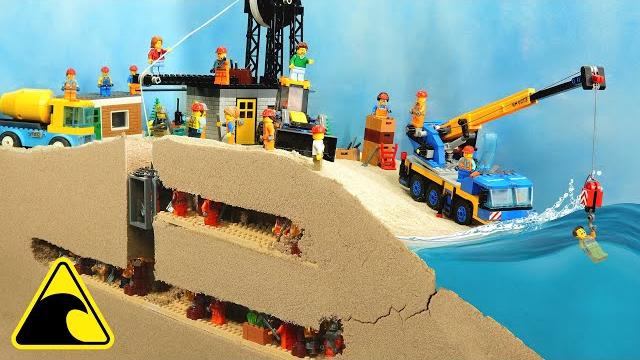 Lego mine flood disaster - tsunami dam breach experiment - wave machine vs emerald mine Lego mine flood disaster - tsunami dam breach experiment - wave machine vs emerald mine