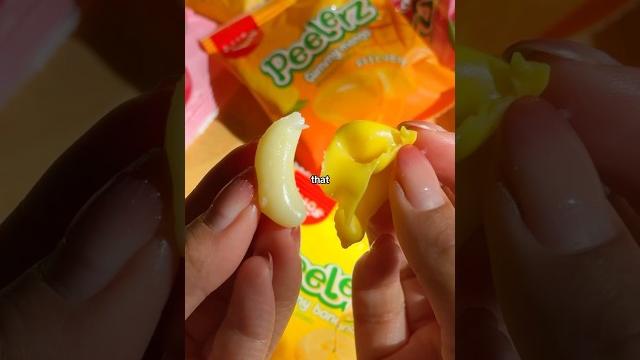 Trying 3 kinds of peelable gummies: banana , peach , and mango #gummy #candy #tastetest Trying 3 kinds of peelable gummies: banana , peach , and mango #gummy #candy #tastetest