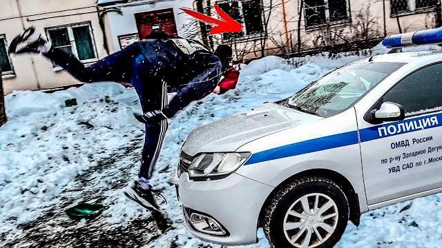 Сальто на машину полиции. паркур в отели Сальто на машину полиции. паркур в отели