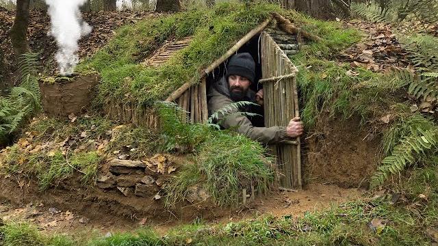 Building complete and warm survival shelter | bushcraft earth hut, grass roof & fireplace with clay Building complete and warm survival shelter | bushcraft earth hut, grass roof & fireplace with clay