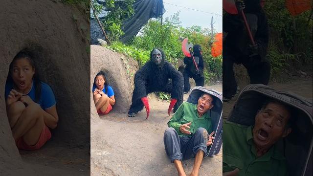 2 ferocious gorilla monsters attack beautiful brave girl and poor old man in pit for help 2 ferocious gorilla monsters attack beautiful brave girl and poor old man in pit for help