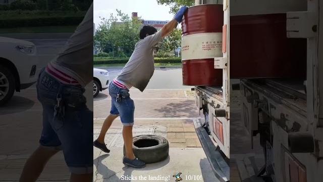 Barrel meet tire: a love story! genius unloading level 9000! #worklife #funnyhacks #strong Barrel meet tire: a love story! genius unloading level 9000! #worklife #funnyhacks #strong