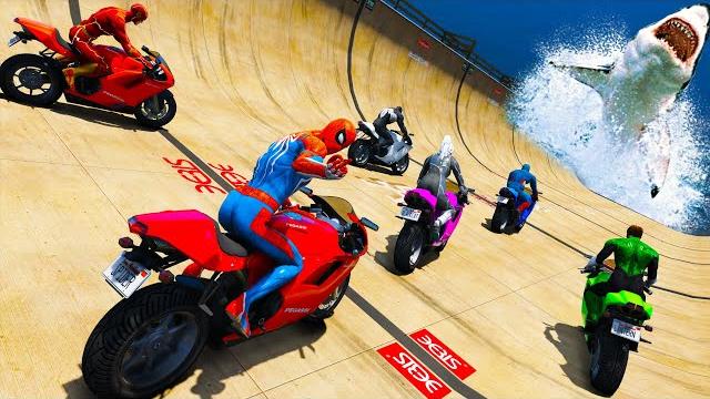 Spiderman and friends superheroes - cars and motorcycles ragdoll with hungry sharks over sea Spiderman and friends superheroes - cars and motorcycles ragdoll with hungry sharks over sea