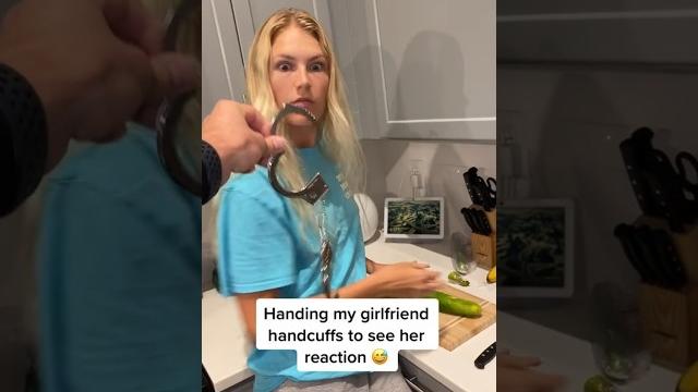 Handing my girlfriend handcuffs to see her reaction Handing my girlfriend handcuffs to see her reaction