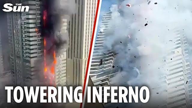 Terrifying moment huge fire rips through 67-storey dubai marina skyscraper forcing 4,000 to flee Terrifying moment huge fire rips through 67-storey dubai marina skyscraper forcing 4,000 to flee