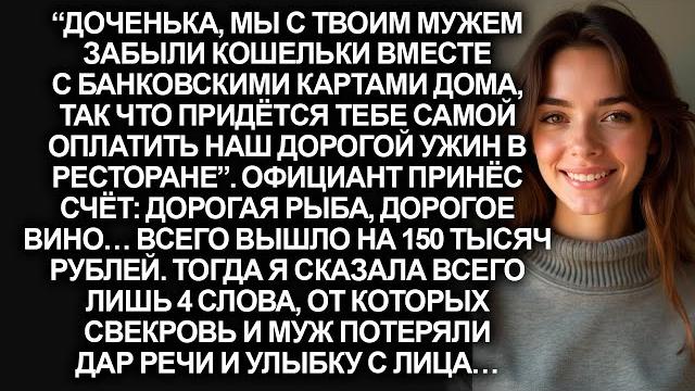 “доченька, мы с твоим мужем забыли кошельки придётся тебе оплатить ресторан”, заявила свекровь… “доченька, мы с твоим мужем забыли кошельки придётся тебе оплатить ресторан”, заявила свекровь…