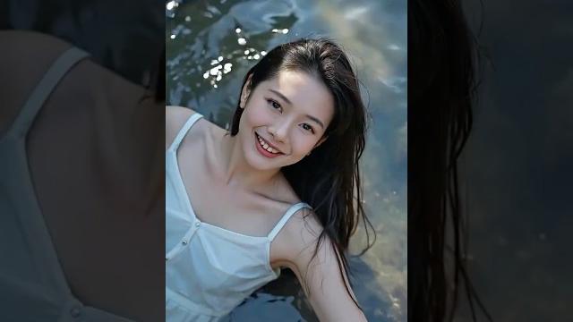 In the early morning, a pure female model was shooting in the icy river, smiling at the camera In the early morning, a pure female model was shooting in the icy river, smiling at the camera