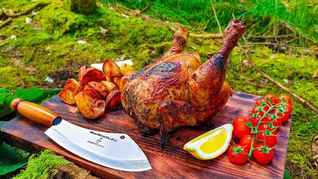 Whole chicken prepared in the forest relaxing cooking Whole chicken prepared in the forest relaxing cooking