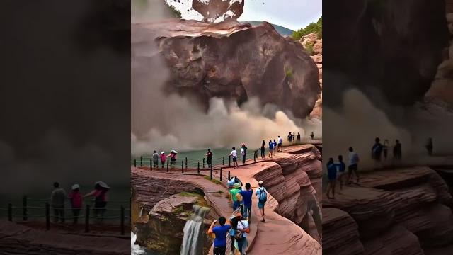 Giant boulder crashes down near tourists! Giant boulder crashes down near tourists!