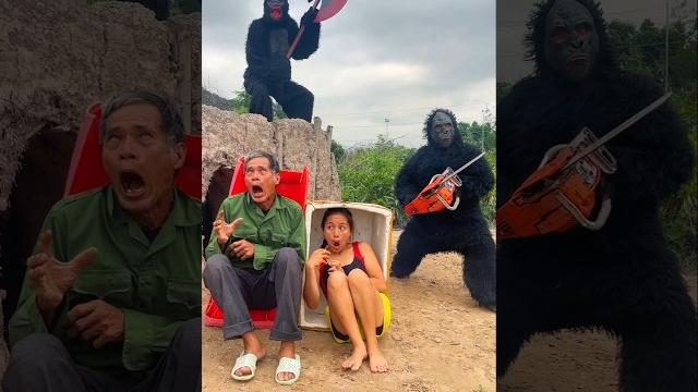 2 ferocious gorilla monsters attack beautiful brave girl and poor old man hiding iniron box 2 ferocious gorilla monsters attack beautiful brave girl and poor old man hiding iniron box