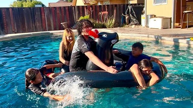 Last to fall off the bull on the pool wins $$ Last to fall off the bull on the pool wins $$