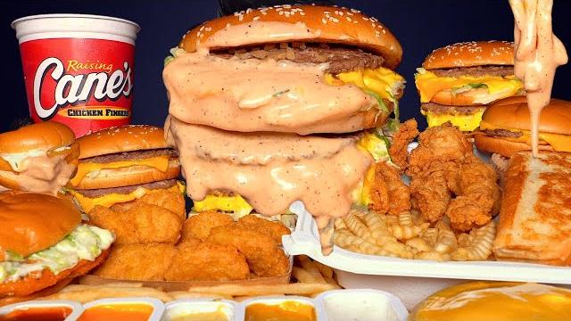 Asmr mukbang extra canes sauce mcdonalds big mac burgers chicken & fries | with cheese Asmr mukbang extra canes sauce mcdonalds big mac burgers chicken & fries | with cheese
