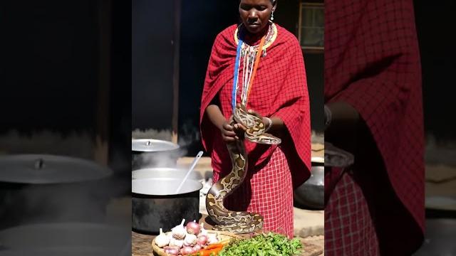African tribal woman prepares giant python! traditional village cooking #authenticafrica African tribal woman prepares giant python! traditional village cooking #authenticafrica