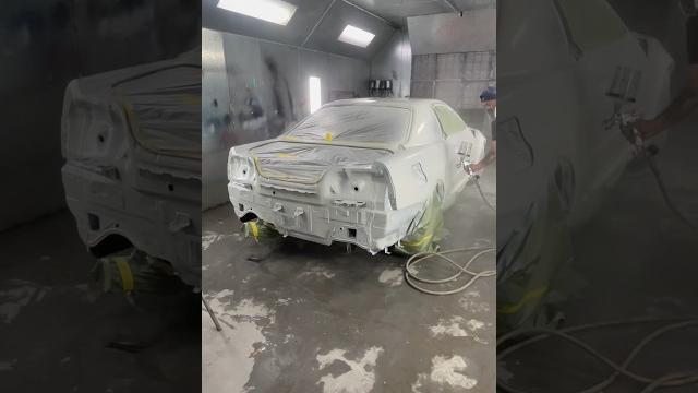 Painting a r34 in one minute!! #r34 #nismo #skyline #baysideblue #gtttogtrconversion #r34gtt #ztune Painting a r34 in one minute!! #r34 #nismo #skyline #baysideblue #gtttogtrconversion #r34gtt #ztune