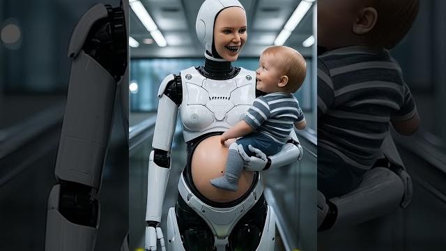 Robot mom chatting happily with her child Robot mom chatting happily with her child