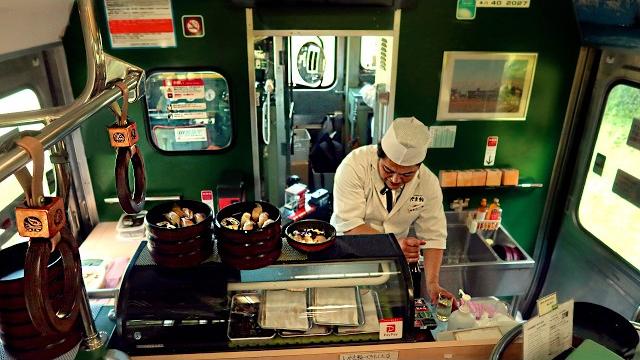 This japanese train is also a fine dining sushi bar This japanese train is also a fine dining sushi bar