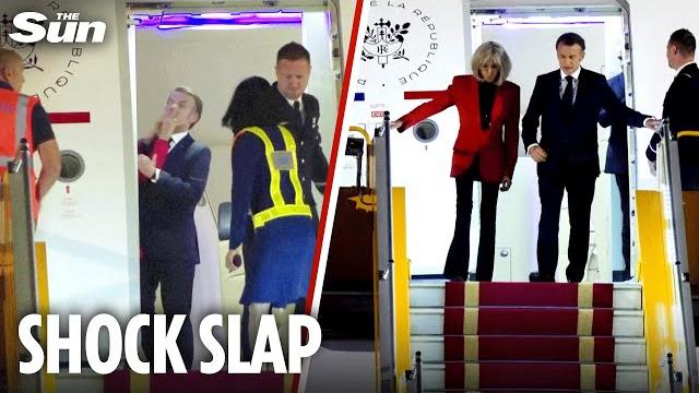 Bizarre moment emmanuel macron is shoved by wife brigitte while ‘bickering’ as they got off plane Bizarre moment emmanuel macron is shoved by wife brigitte while ‘bickering’ as they got off plane