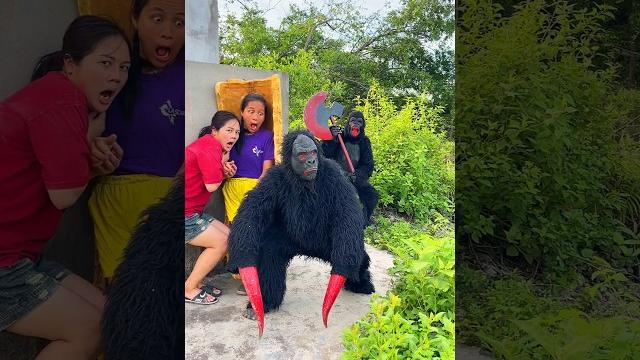 2 ferocious gorilla monsters attack 2 beautiful brave girls hiding behind the wall in fear 2 ferocious gorilla monsters attack 2 beautiful brave girls hiding behind the wall in fear