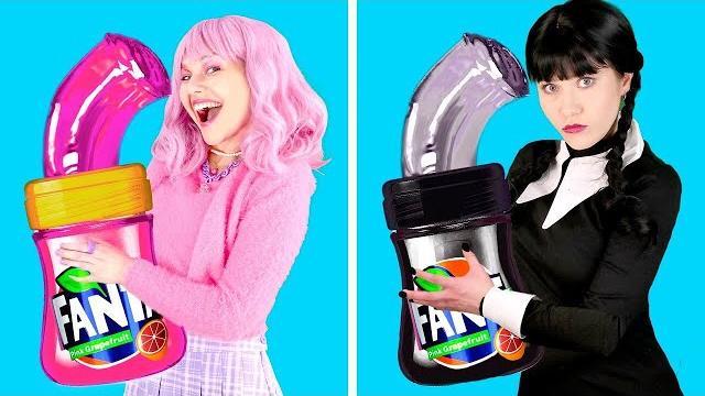 Pink vs black food challenge! eating only 1 color challenge, wednesday vs enid by gotcha! viral Pink vs black food challenge! eating only 1 color challenge, wednesday vs enid by gotcha! viral