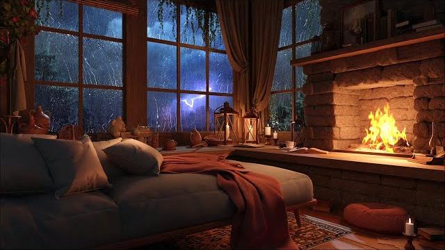 Cozy rain on window - thunderstorm & warm fireplace | deep sleep, study, and relaxation sounds Cozy rain on window - thunderstorm & warm fireplace | deep sleep, study, and relaxation sounds