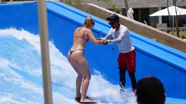 Thong bikini surf lesson at water park Thong bikini surf lesson at water park