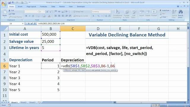 Finance in excel 7 - calculate the declining balance method of depreciation in excel - using vdb() Finance in excel 7 - calculate the declining balance method of depreciation in excel - using vdb()