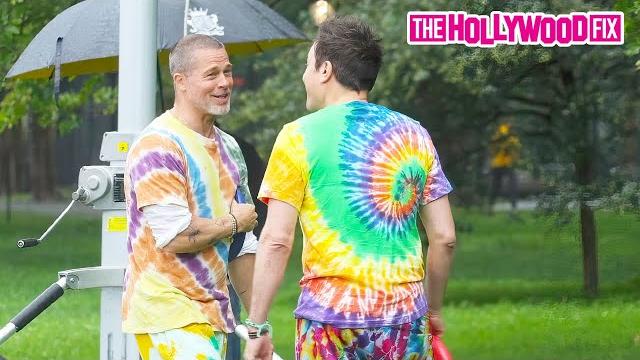 Brad pitt & jimmy fallon get dressed up in tie-dye & play with frisbee's for a skit in new york, ny Brad pitt & jimmy fallon get dressed up in tie-dye & play with frisbee's for a skit in new york, ny