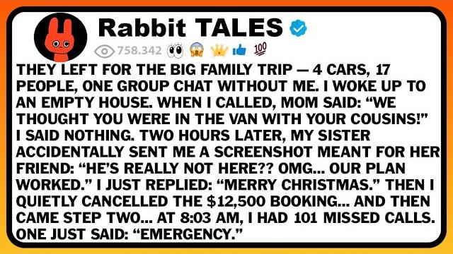 They left for the big family trip — 4 cars, 17 people, one group chat without me. i woke up to an... They left for the big family trip — 4 cars, 17 people, one group chat without me. i woke up to an...