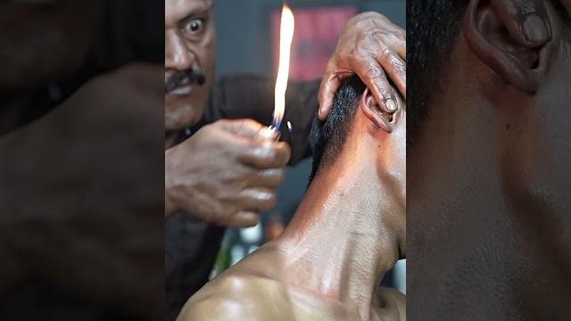 Massage with fire and ear finger by big eyes barber asmr #shorts Massage with fire and ear finger by big eyes barber asmr #shorts