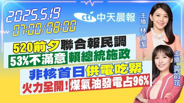 【5/19即時新聞】「520前夕」聯合報民調「53%不滿意」賴總統施政|非核首日「供電吃緊」火力全開!「煤氣油發電占96%」| 林佩潔/黃韵筑 報新聞 20250519 @中天新聞ctinews 【5/19即時新聞】「520前夕」聯合報民調「53%不滿意」賴總統施政|非核首日「供電吃緊」火力全開!「煤氣油發電占96%」| 林佩潔/黃韵筑 報新聞 20250519 @中天新聞ctinews