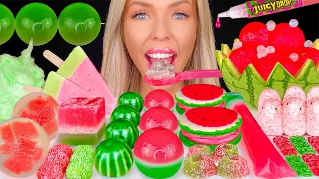 Asmr watermelon dessert mukbang, fruit bowl, layered jello freezie, sour patch kids, kohakutou 먹방 Asmr watermelon dessert mukbang, fruit bowl, layered jello freezie, sour patch kids, kohakutou 먹방