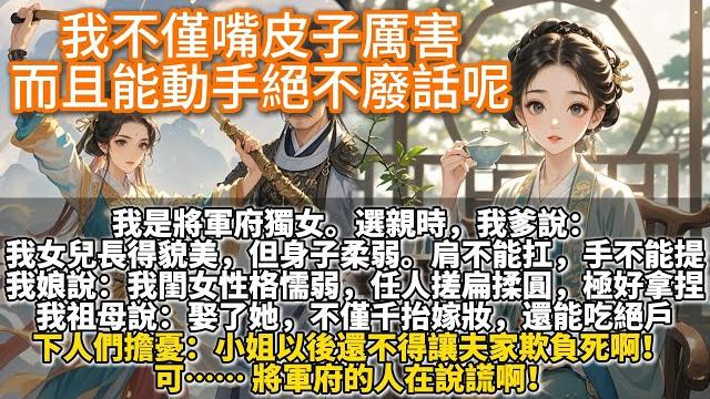 完結變態爽文:我不僅嘴皮子厲害,而且能動手絕不廢話呢。我是將軍府獨女。選親時,我爹說:我女兒長得貌美,但身子柔弱。 肩不能扛,手不能提。我娘說:我閨女性格懦弱,任人搓扁揉圓。而且耳根子還軟,極好拿捏。 完結變態爽文:我不僅嘴皮子厲害,而且能動手絕不廢話呢。我是將軍府獨女。選親時,我爹說:我女兒長得貌美,但身子柔弱。 肩不能扛,手不能提。我娘說:我閨女性格懦弱,任人搓扁揉圓。而且耳根子還軟,極好拿捏。